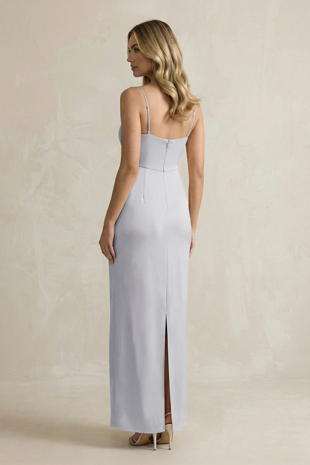 Sheath Spaghetti Straps Satin Bridesmaid Dress in Silver