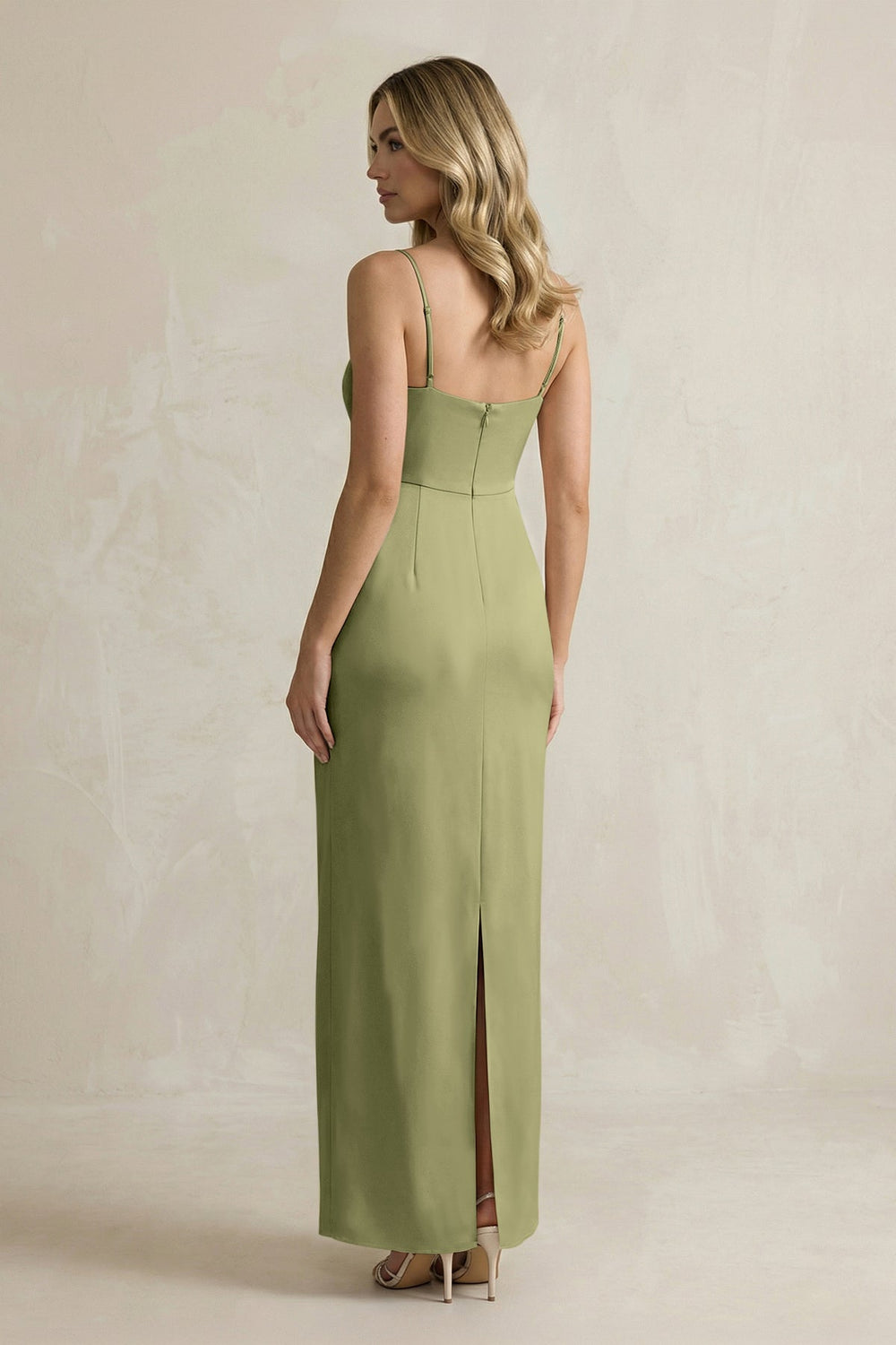 Sheath Spaghetti Straps Satin Bridesmaid Dress in Thyme