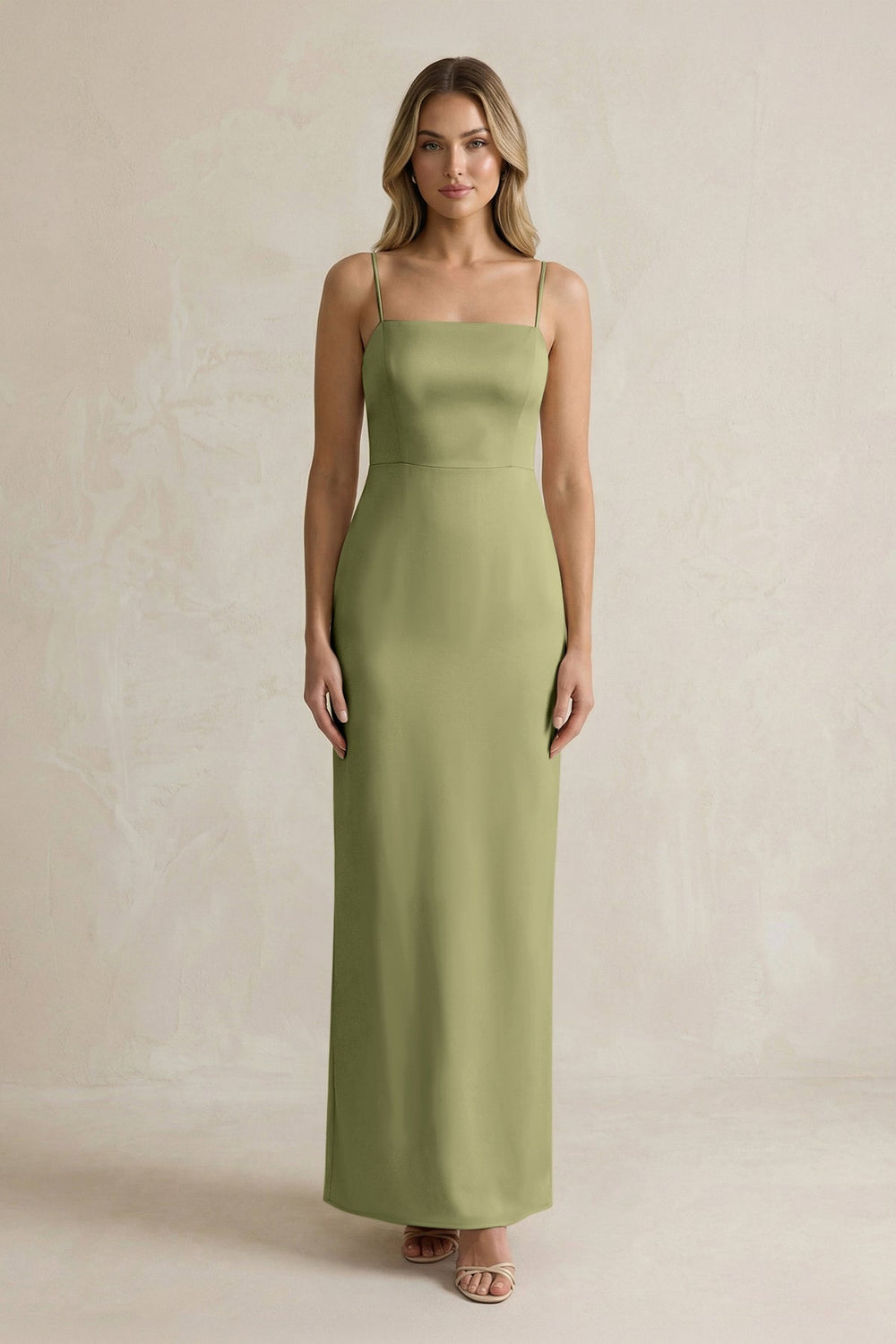 Sheath Spaghetti Straps Satin Bridesmaid Dress in Thyme