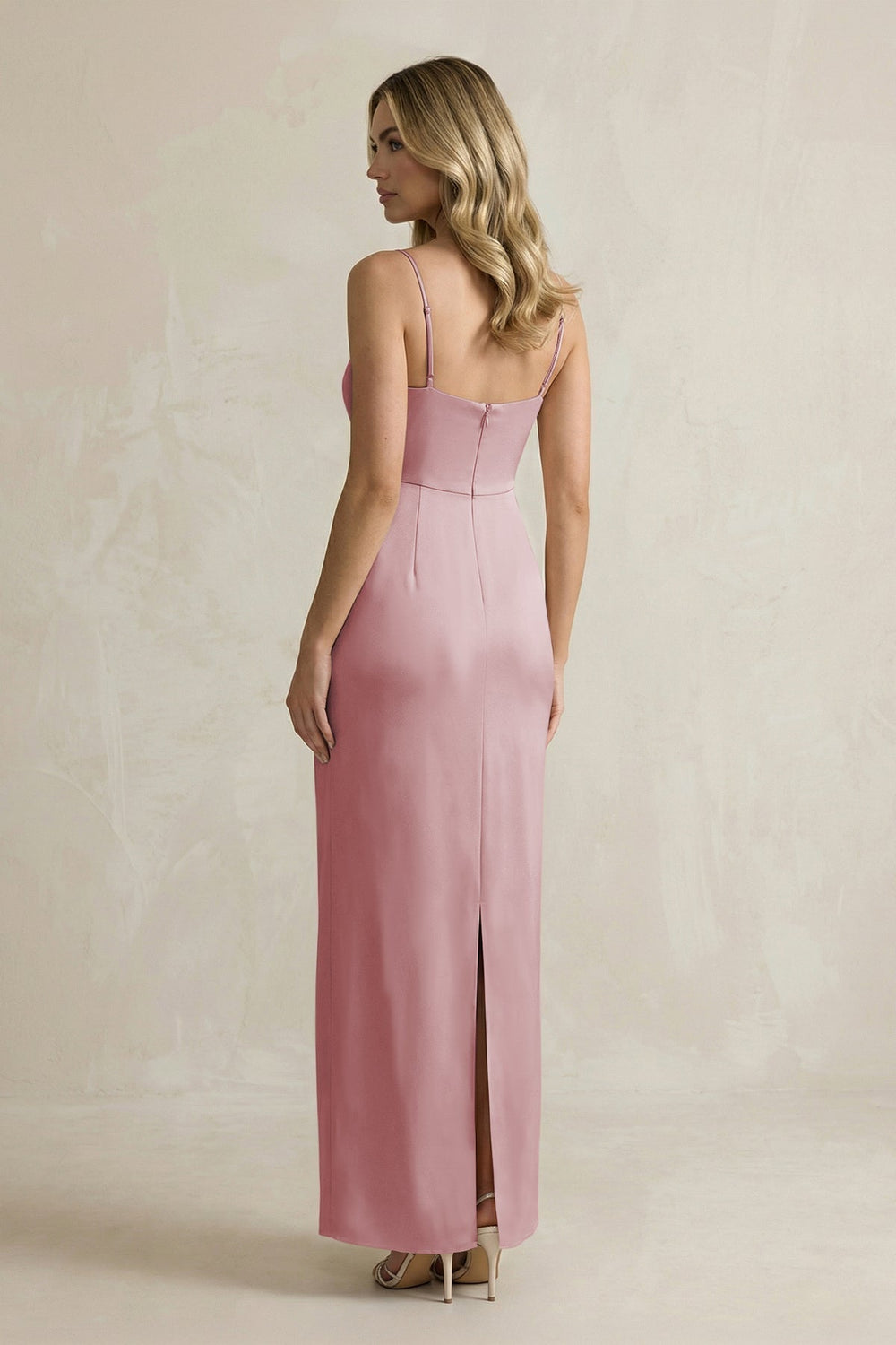 Sheath Spaghetti Straps Satin Bridesmaid Dress in Toffee