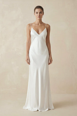 Sheath Spaghetti Straps V - Neck Wedding Dress in White - KISS BRIDAL Wedding Dresses