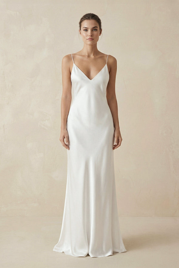 Sheath Spaghetti Straps V - Neck Wedding Dress in White - KISS BRIDAL Wedding Dresses