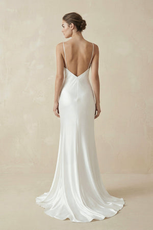 Sheath Spaghetti Straps V - Neck Wedding Dress in White - KISS BRIDAL Wedding Dresses