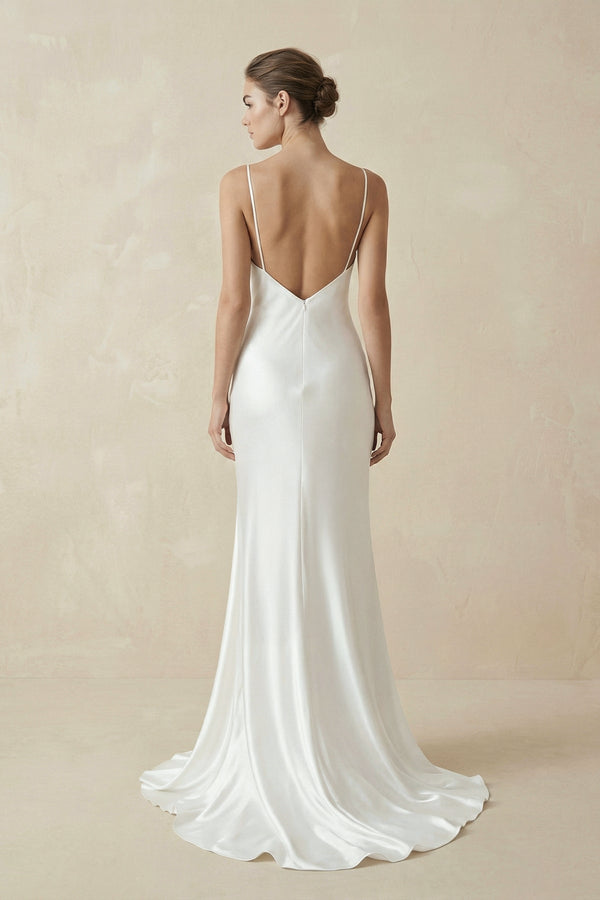 Sheath Spaghetti Straps V - Neck Wedding Dress in White - KISS BRIDAL Wedding Dresses