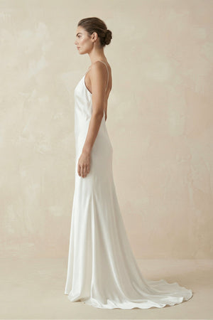 Sheath Spaghetti Straps V - Neck Wedding Dress in White - KISS BRIDAL Wedding Dresses