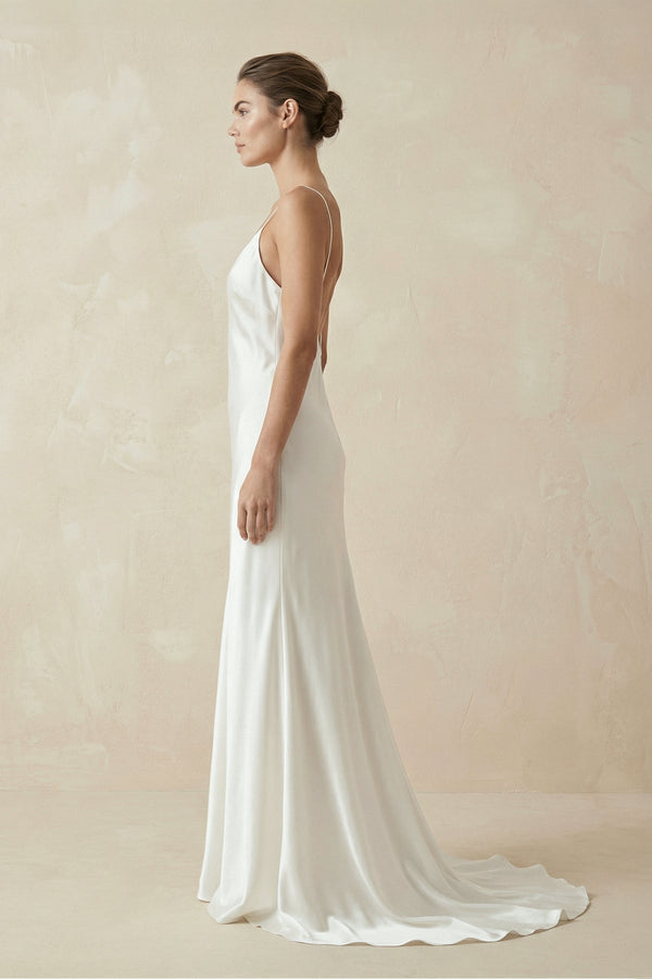 Sheath Spaghetti Straps V - Neck Wedding Dress in White - KISS BRIDAL Wedding Dresses