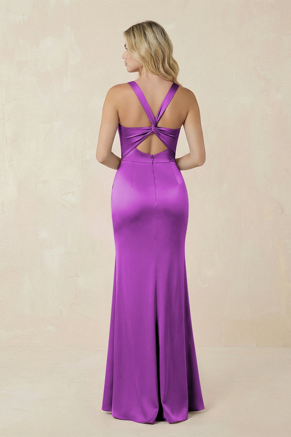 Sheath Square Neck Ruched Satin Bridesmaid Dress in Amethyst - KISS BRIDAL Bridesmaid Dresses