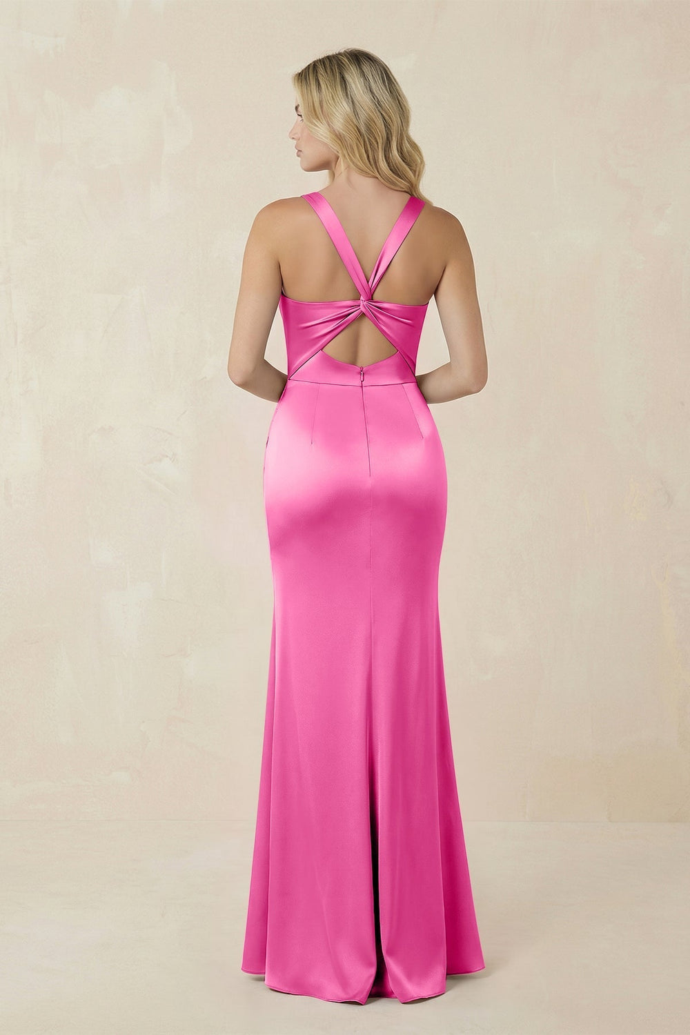 Sheath Square Neck Ruched Satin Bridesmaid Dress in Bon Bon Pink