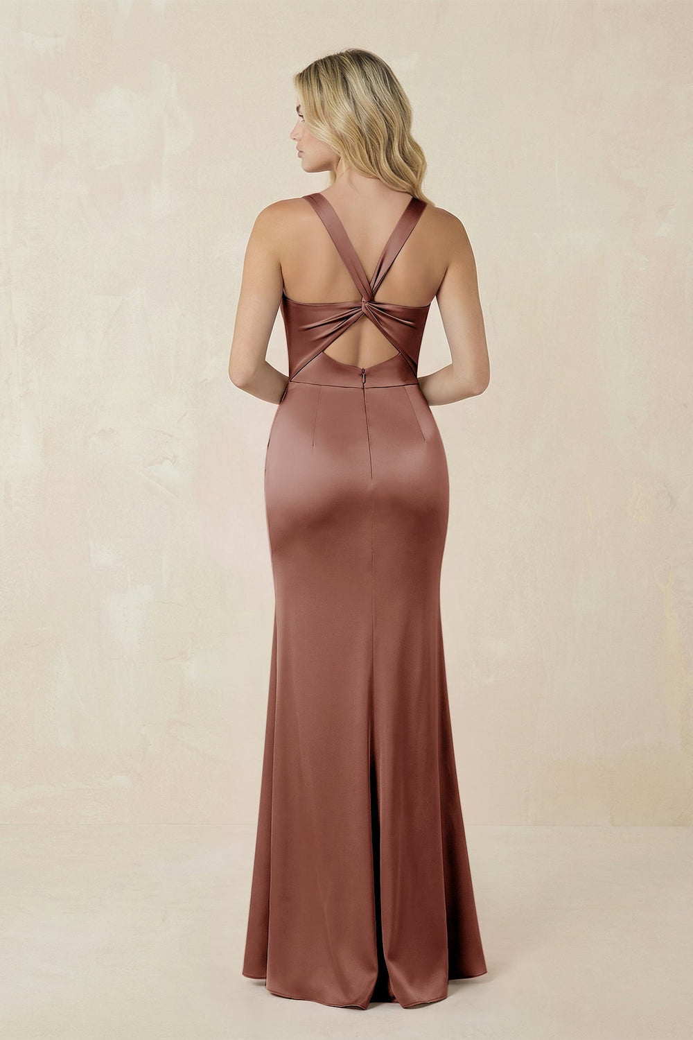 Sheath Square Neck Ruched Satin Bridesmaid Dress in Brown