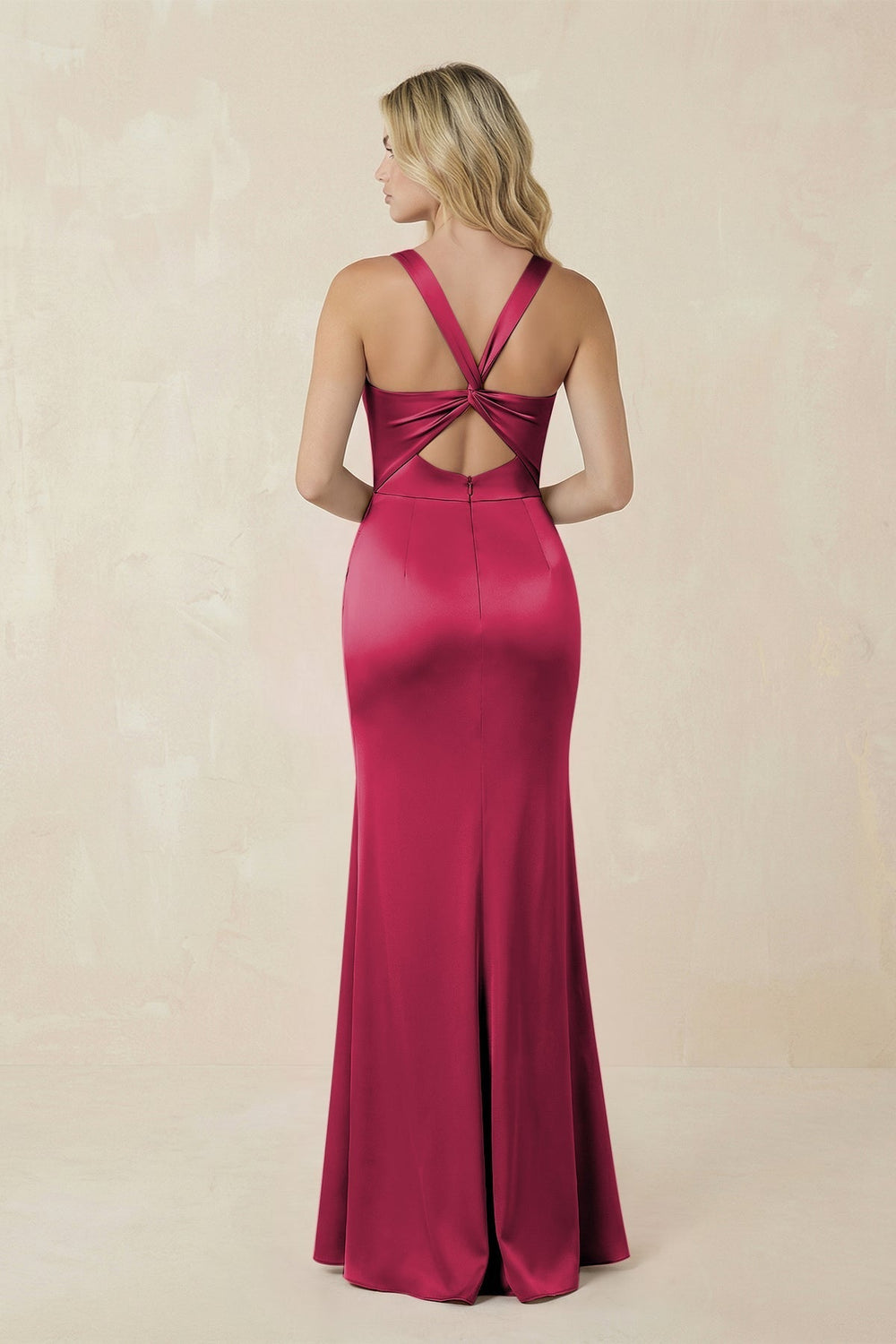 Sheath Square Neck Ruched Satin Bridesmaid Dress in Burgundy