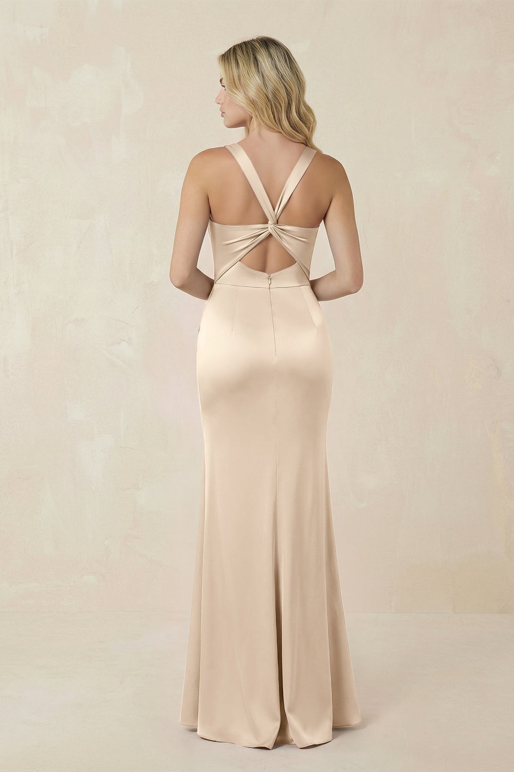 Sheath Square Neck Ruched Satin Bridesmaid Dress in Champagne