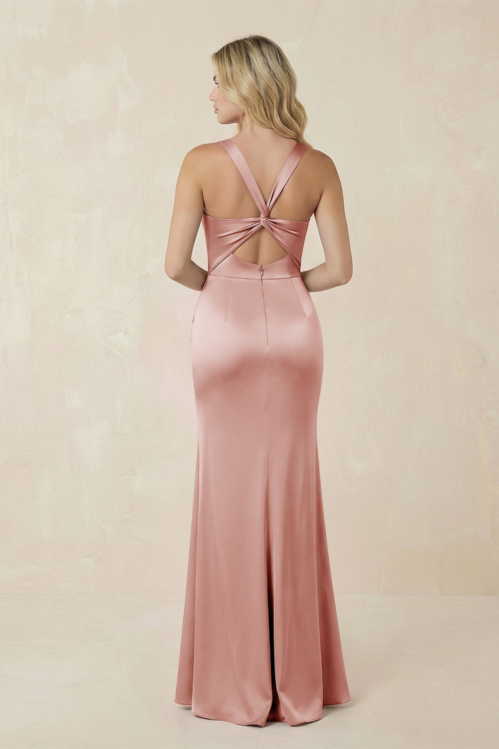 Sheath Square Neck Ruched Satin Bridesmaid Dress in Champagne Rose