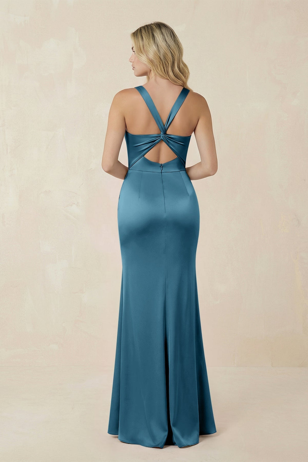 Sheath Square Neck Ruched Satin Bridesmaid Dress in Dark Teal