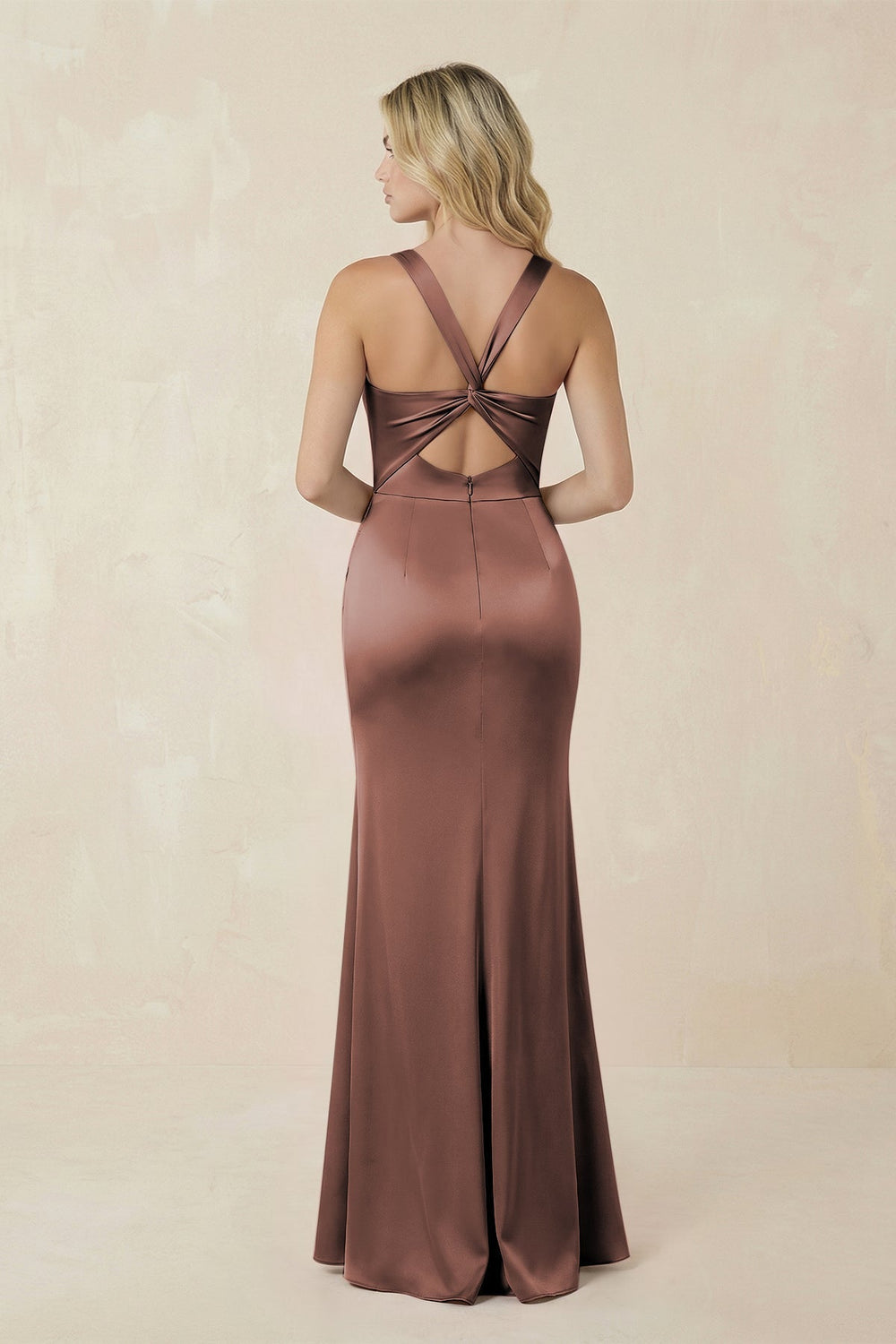 Sheath Square Neck Ruched Satin Bridesmaid Dress in Espresso