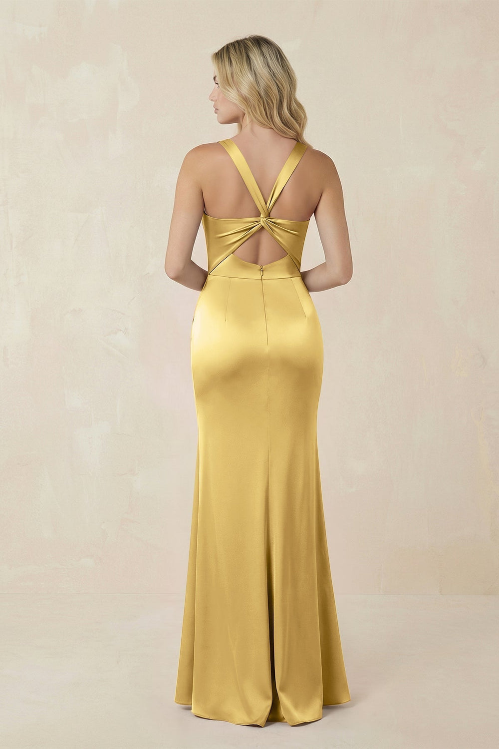 Sheath Square Neck Ruched Satin Bridesmaid Dress in Gold