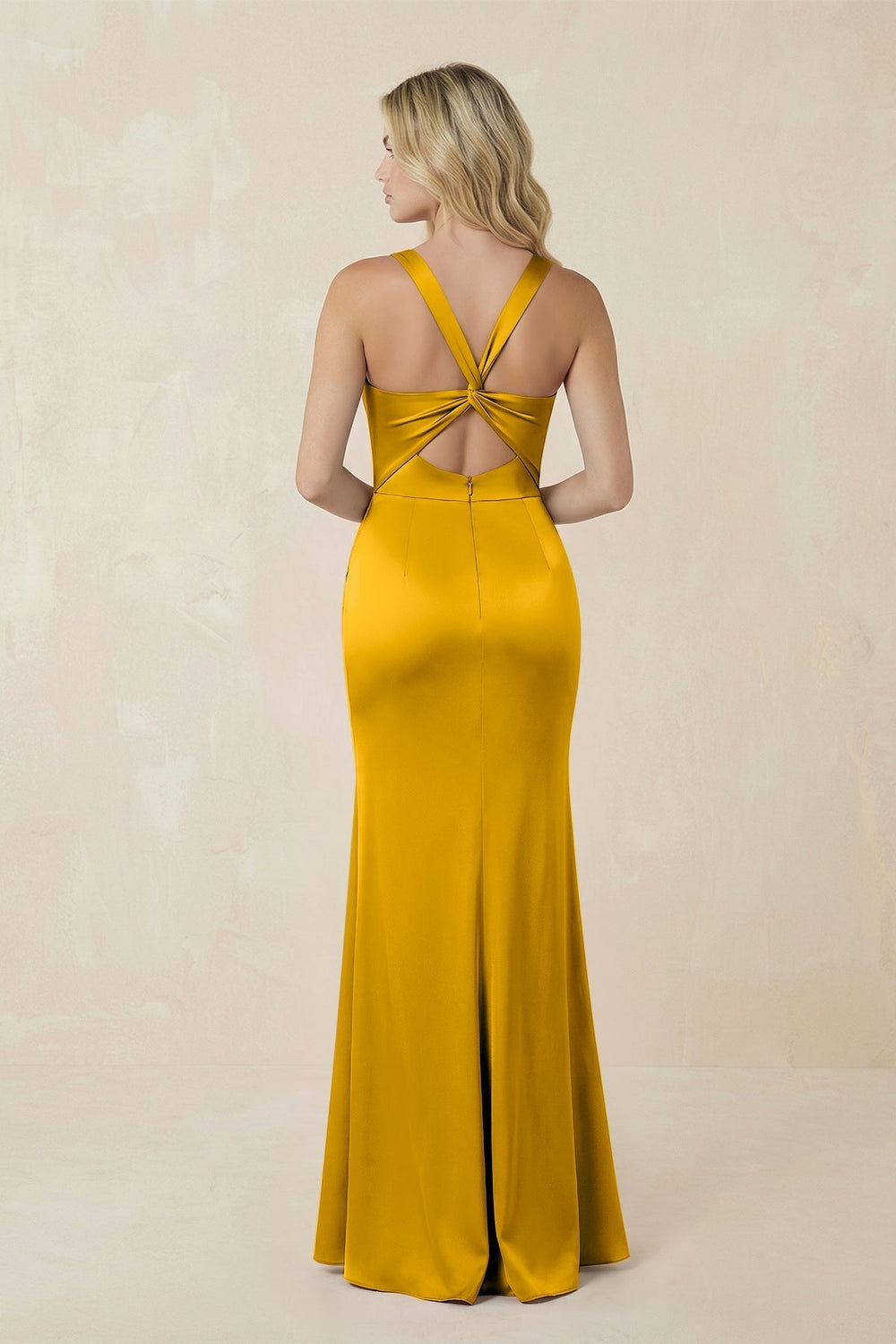 Sheath Square Neck Ruched Satin Bridesmaid Dress in Marigold