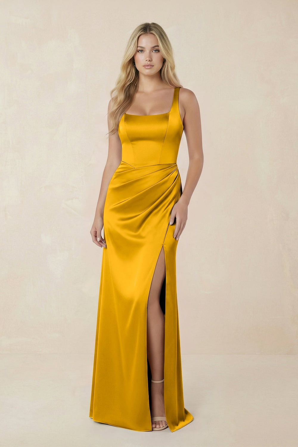 Sheath Square Neck Ruched Satin Bridesmaid Dress in Marigold