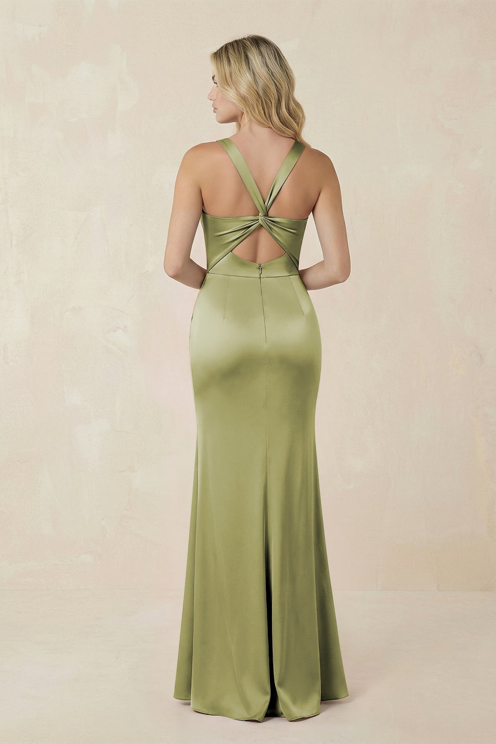 Sheath Square Neck Ruched Satin Bridesmaid Dress in Moss Green