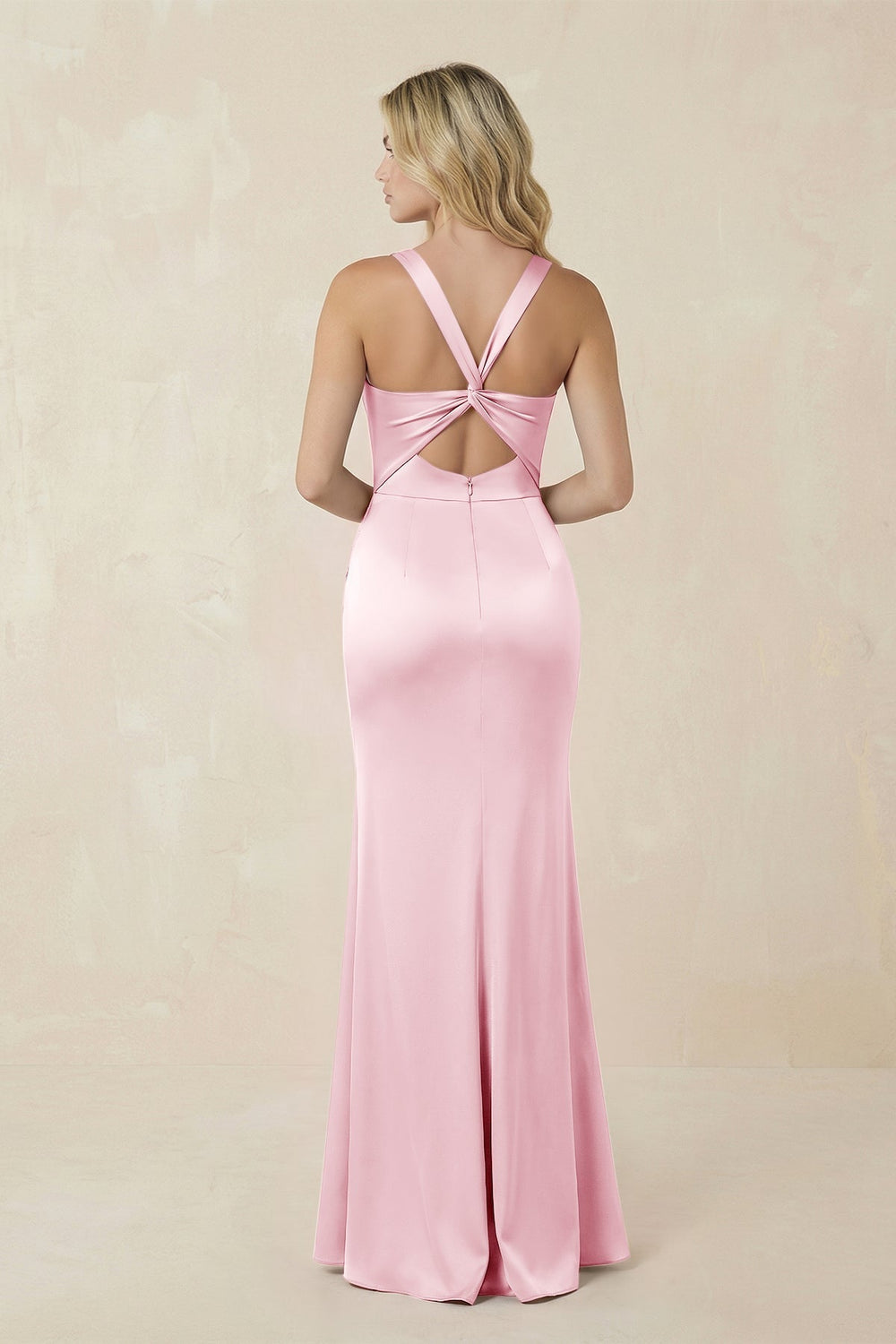Sheath Square Neck Ruched Satin Bridesmaid Dress in Pink