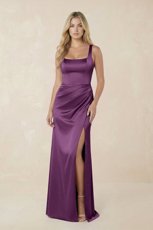 Sheath Square Neck Ruched Satin Bridesmaid Dress in Sangria - KISS BRIDAL Bridesmaid Dresses