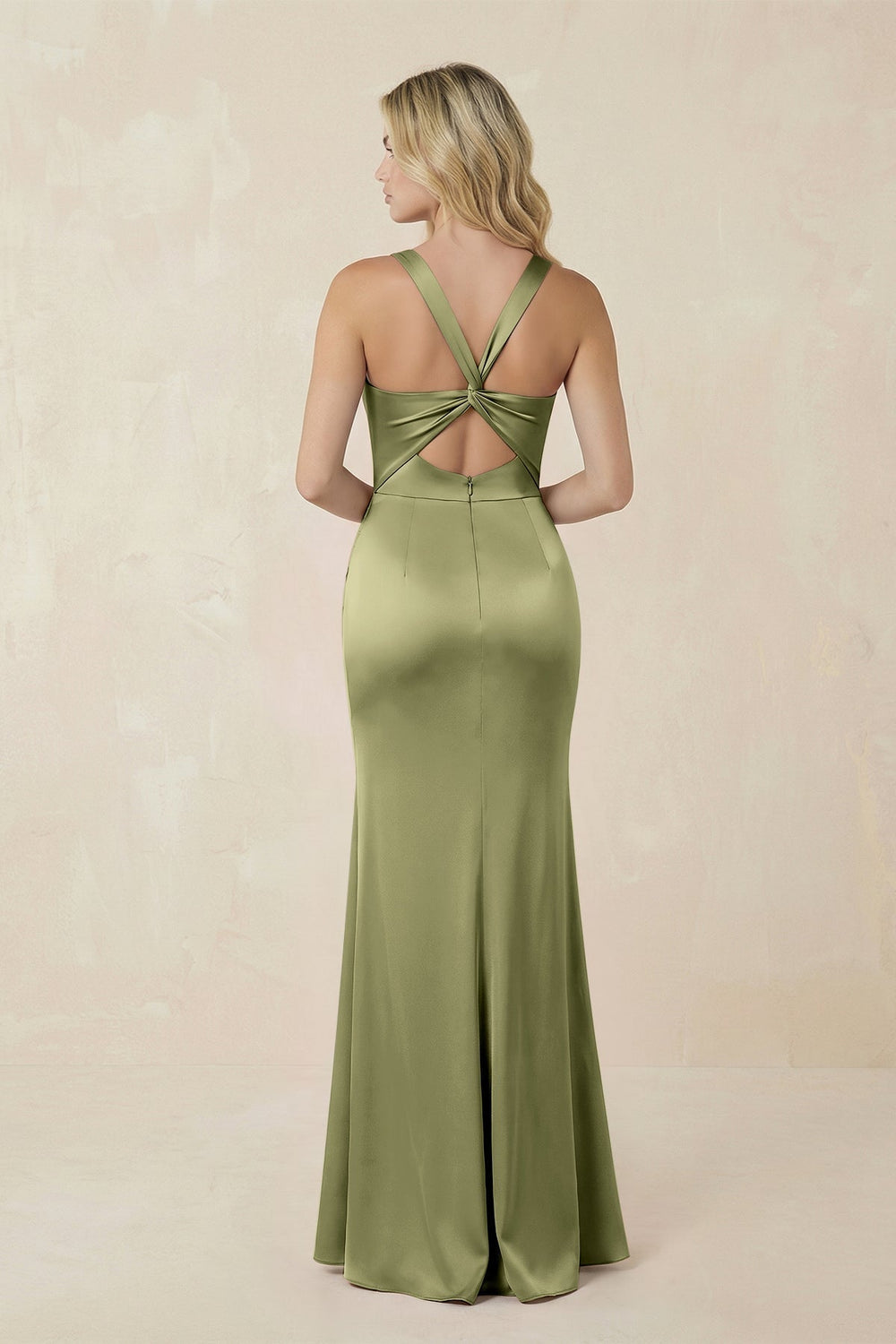 Sheath Square Neck Ruched Satin Bridesmaid Dress in Thyme