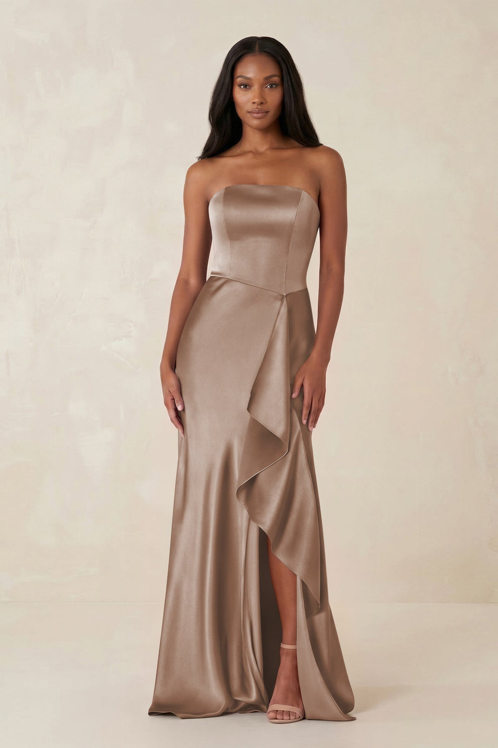 Sheath Strapless Ruffled Satin Bridesmaid Dress in Almond