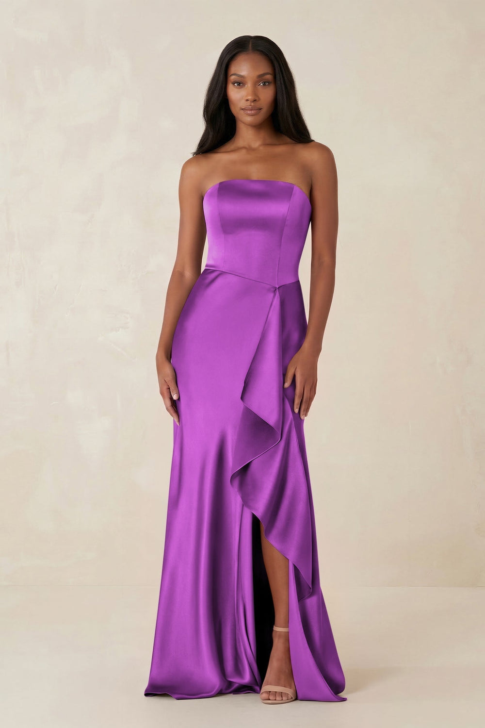 Sheath Strapless Ruffled Satin Bridesmaid Dress in Amethyst