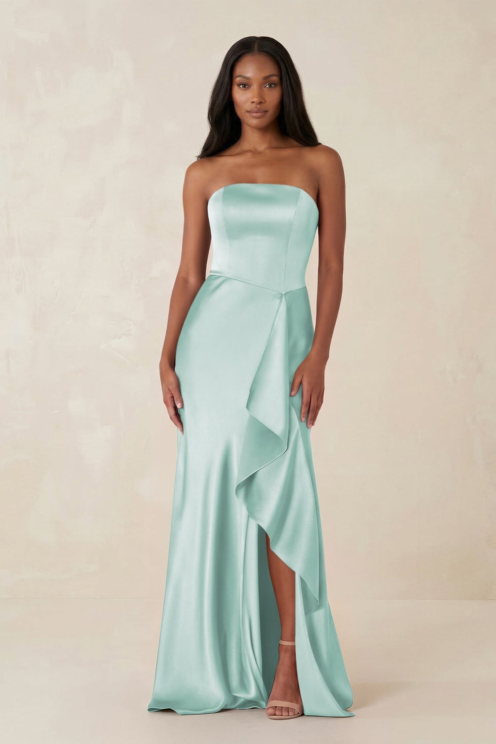 Sheath Strapless Ruffled Satin Bridesmaid Dress in Bleached Aqua