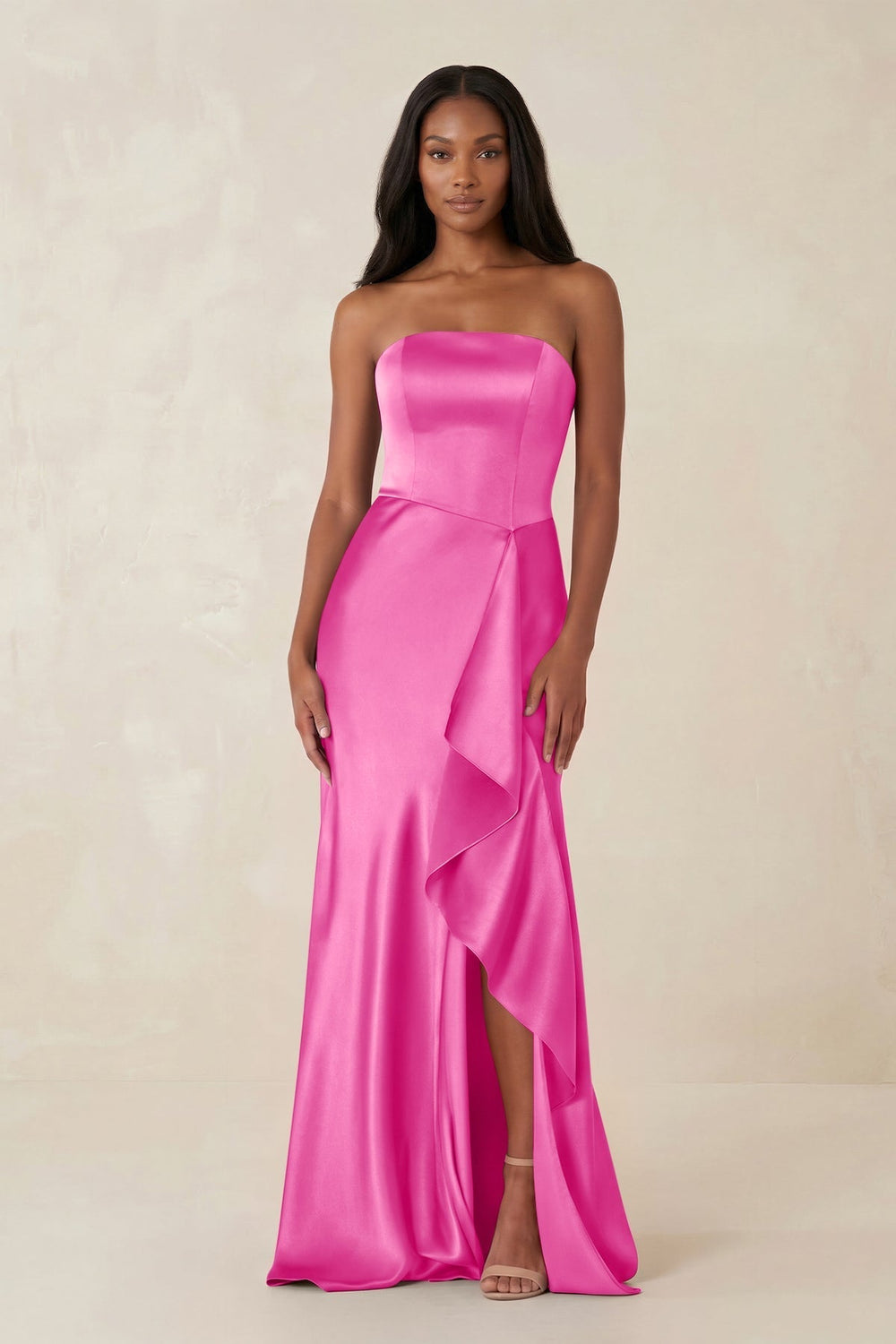 Sheath Strapless Ruffled Satin Bridesmaid Dress in Bon Bon Pink