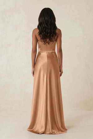 Sheath Strapless Ruffled Satin Bridesmaid Dress in Bronzer - KISS BRIDAL Bridesmaid Dresses