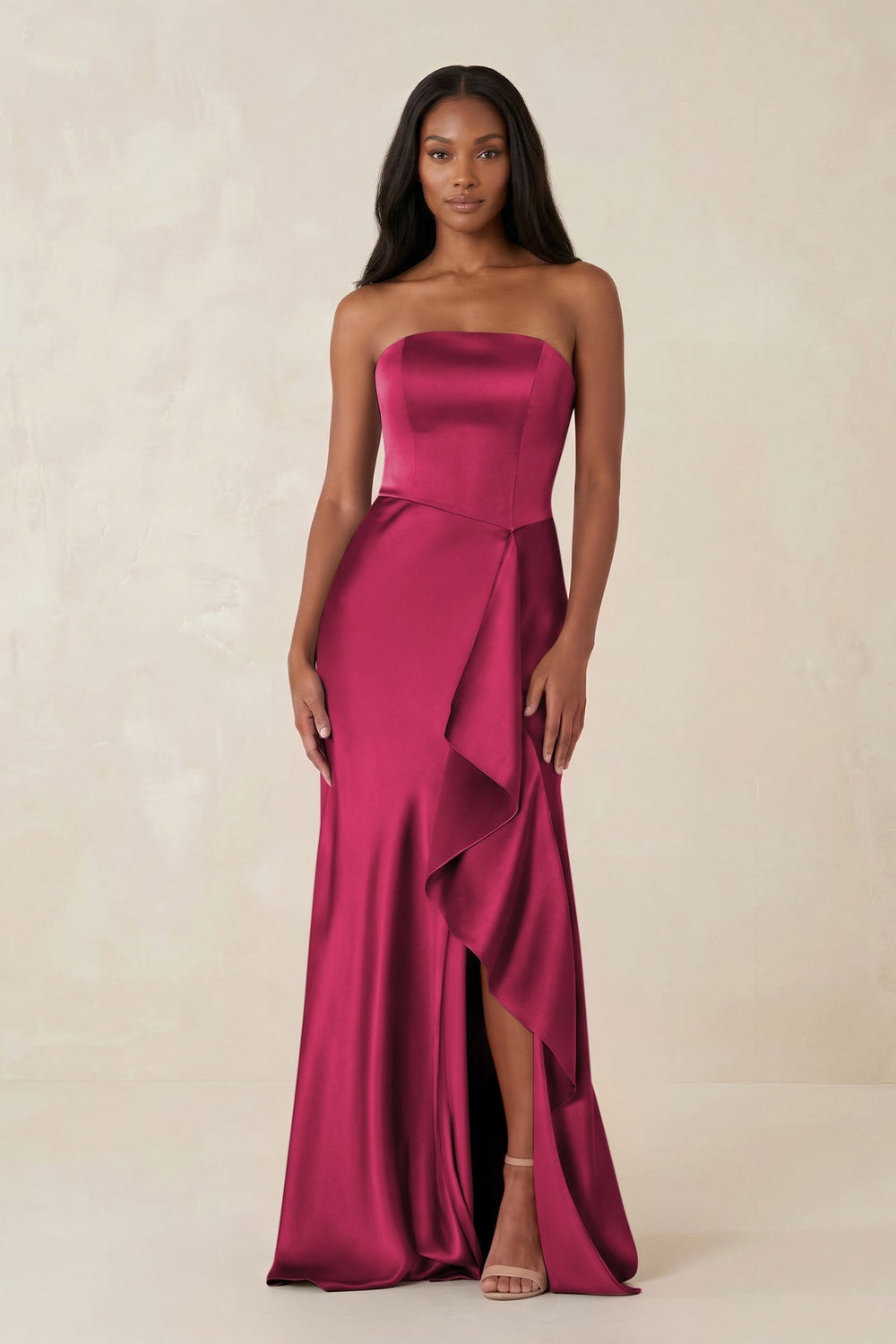 Sheath Strapless Ruffled Satin Bridesmaid Dress in Burgundy