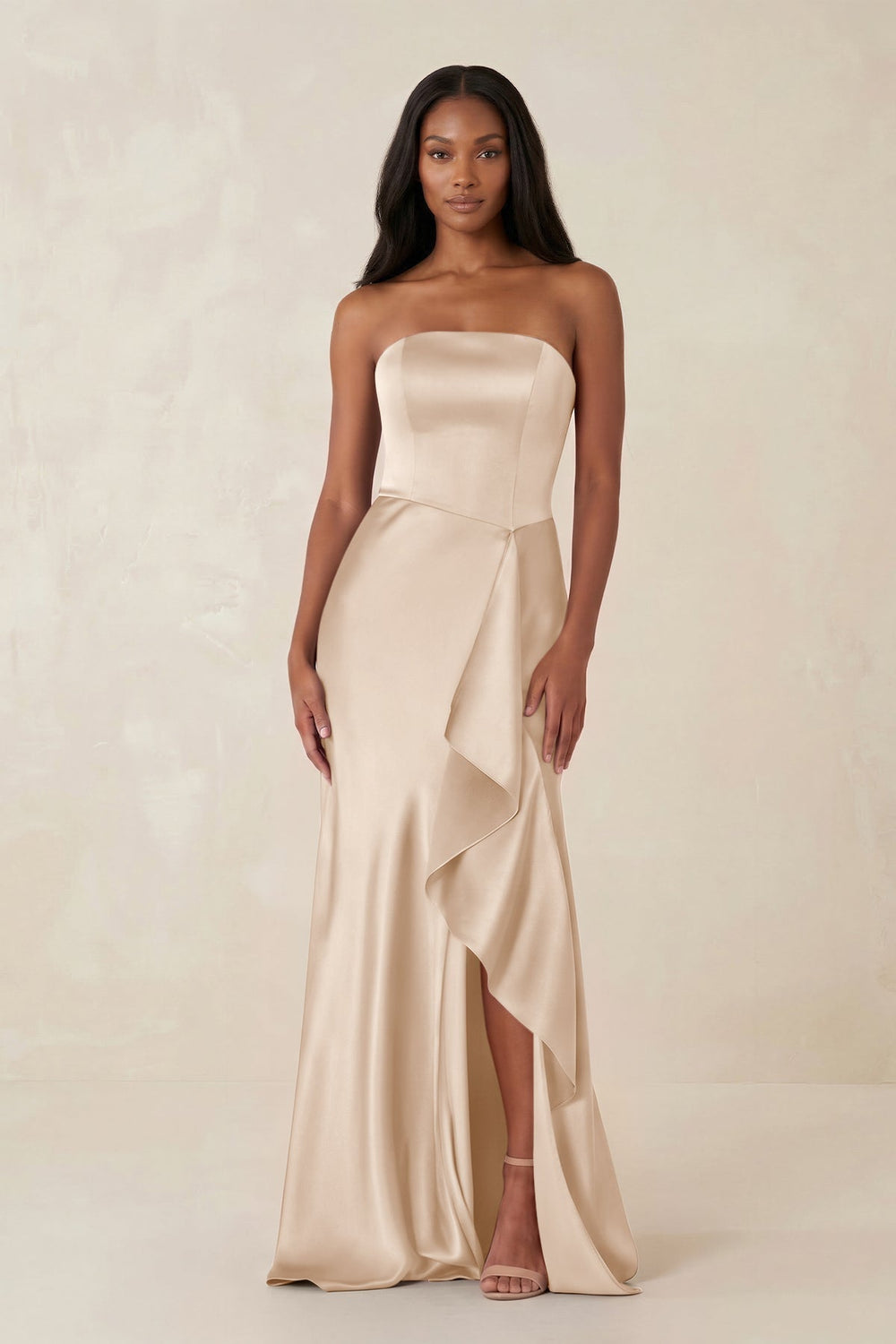 Sheath Strapless Ruffled Satin Bridesmaid Dress in Champagne