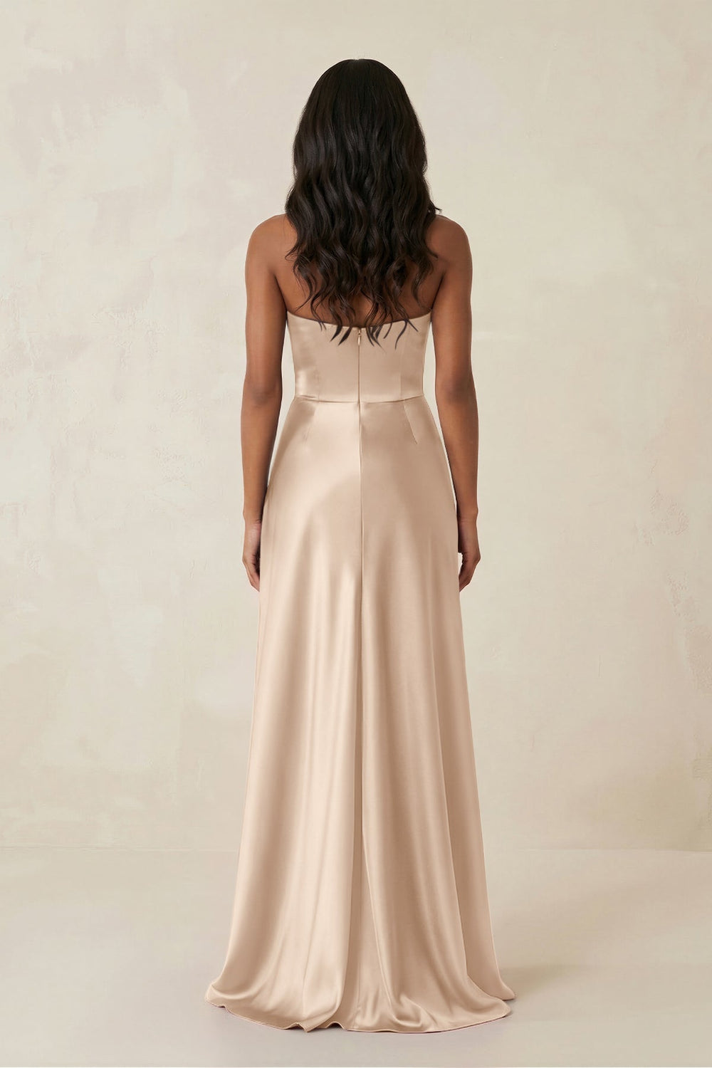 Sheath Strapless Ruffled Satin Bridesmaid Dress in Champagne