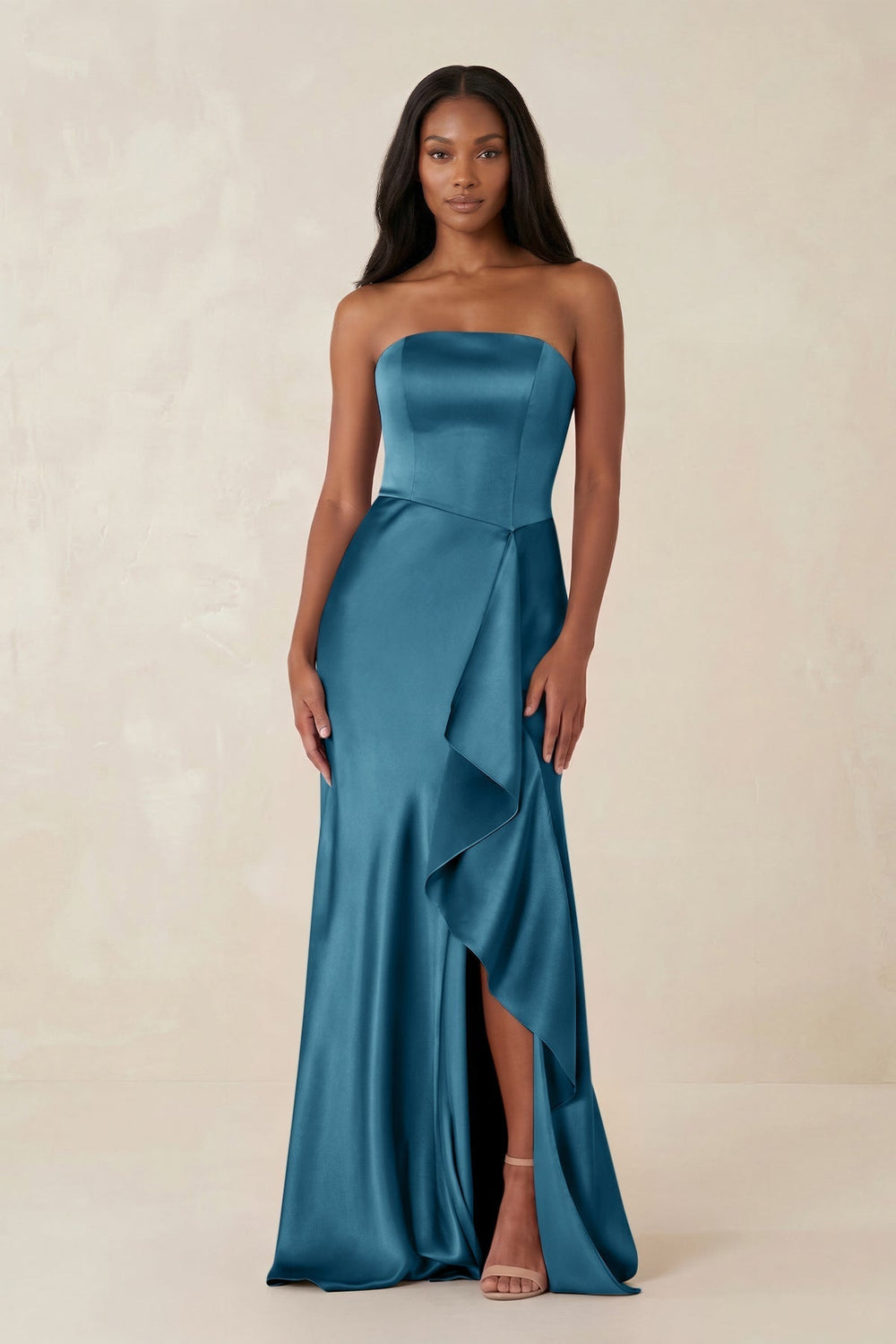 Sheath Strapless Ruffled Satin Bridesmaid Dress in Dark Teal