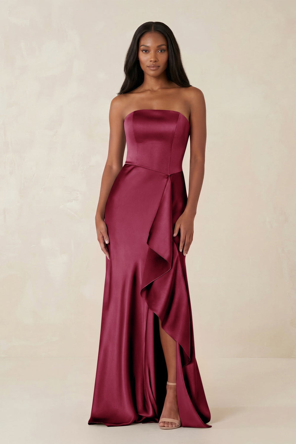 Sheath Strapless Ruffled Satin Bridesmaid Dress in Desert Rose