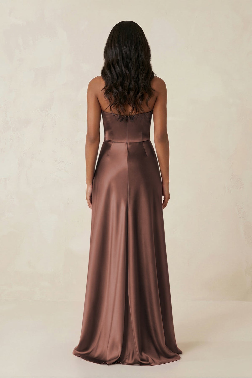 Sheath Strapless Ruffled Satin Bridesmaid Dress in Espresso