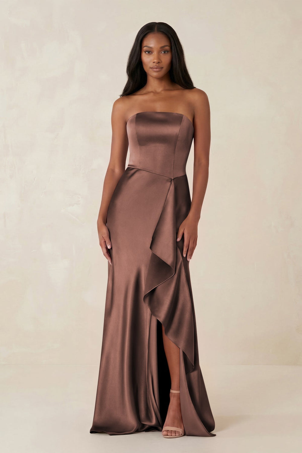 Sheath Strapless Ruffled Satin Bridesmaid Dress in Espresso