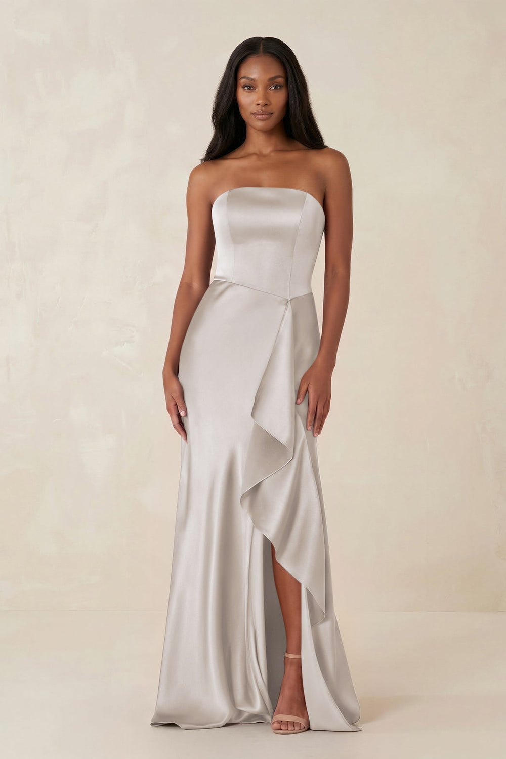 Sheath Strapless Ruffled Satin Bridesmaid Dress in Frost