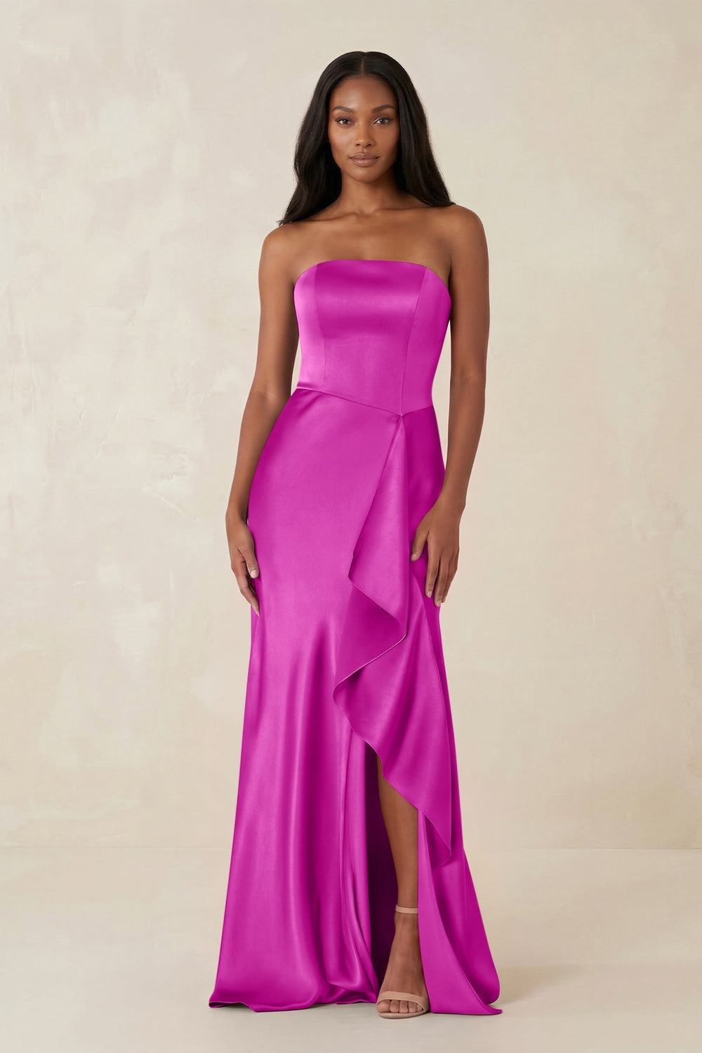 Sheath Strapless Ruffled Satin Bridesmaid Dress in Fuchsia