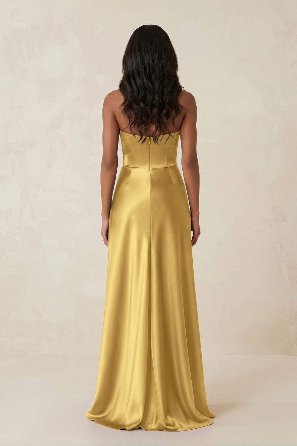 Sheath Strapless Ruffled Satin Bridesmaid Dress in Gold