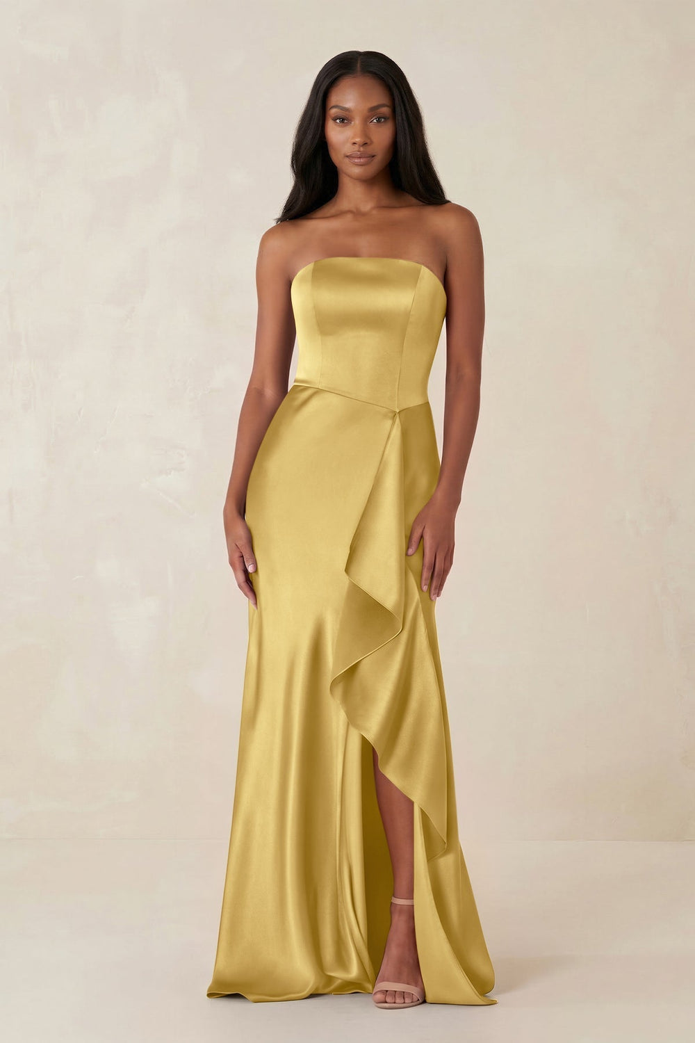 Sheath Strapless Ruffled Satin Bridesmaid Dress in Gold