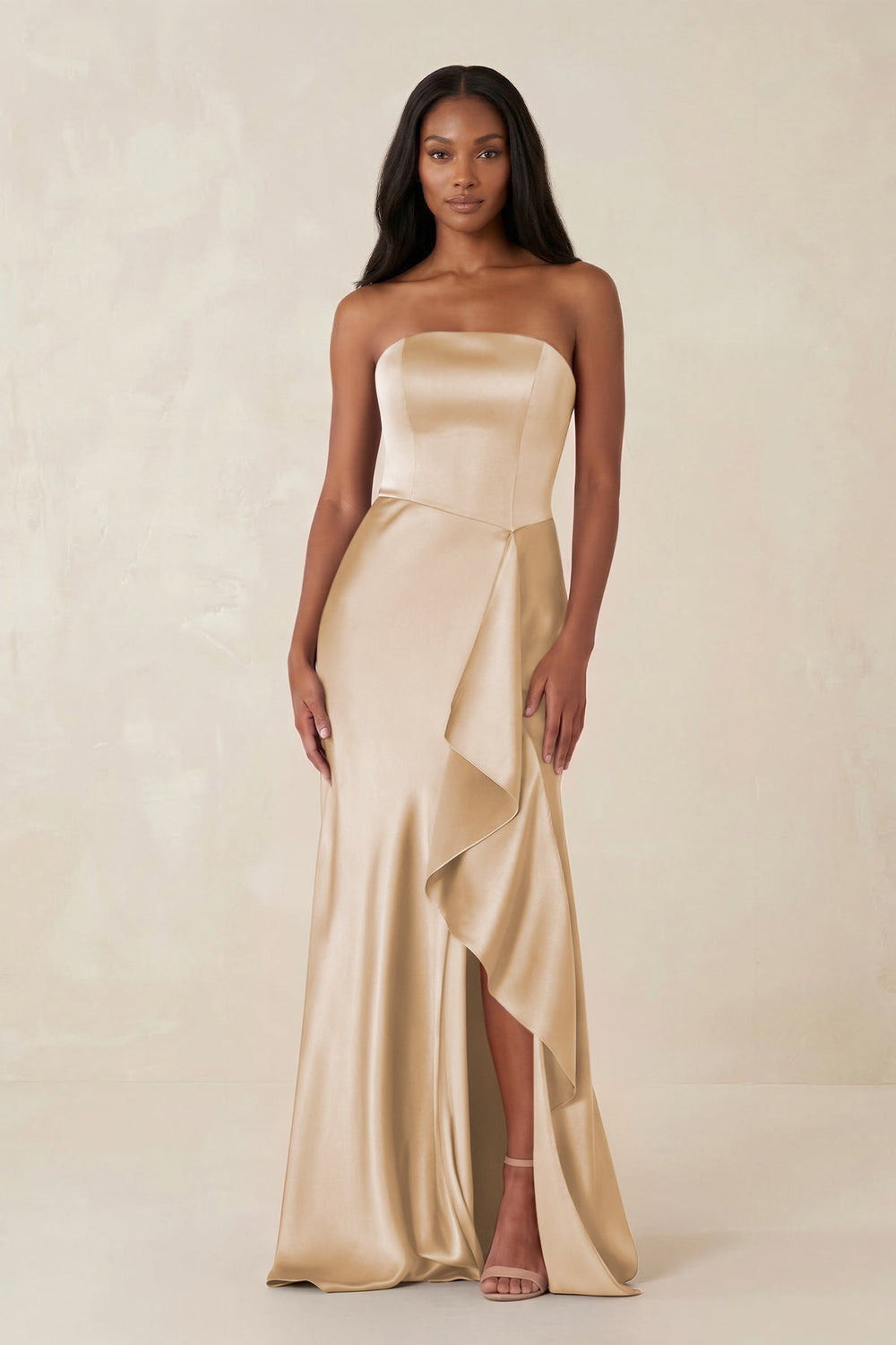 Sheath Strapless Ruffled Satin Bridesmaid Dress in Golden Champagne