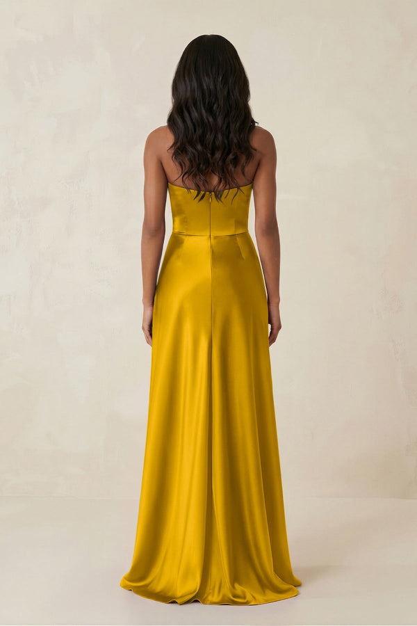 Sheath Strapless Ruffled Satin Bridesmaid Dress in Marigold - KISS BRIDAL Bridesmaid Dresses