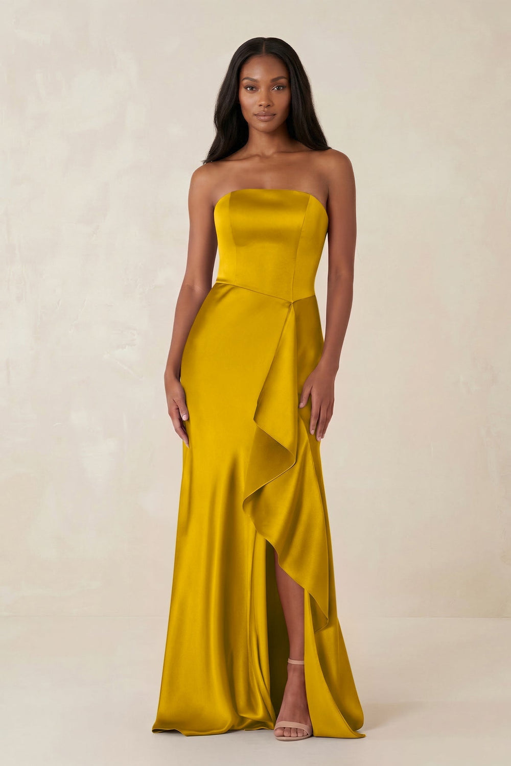 Sheath Strapless Ruffled Satin Bridesmaid Dress in Marigold