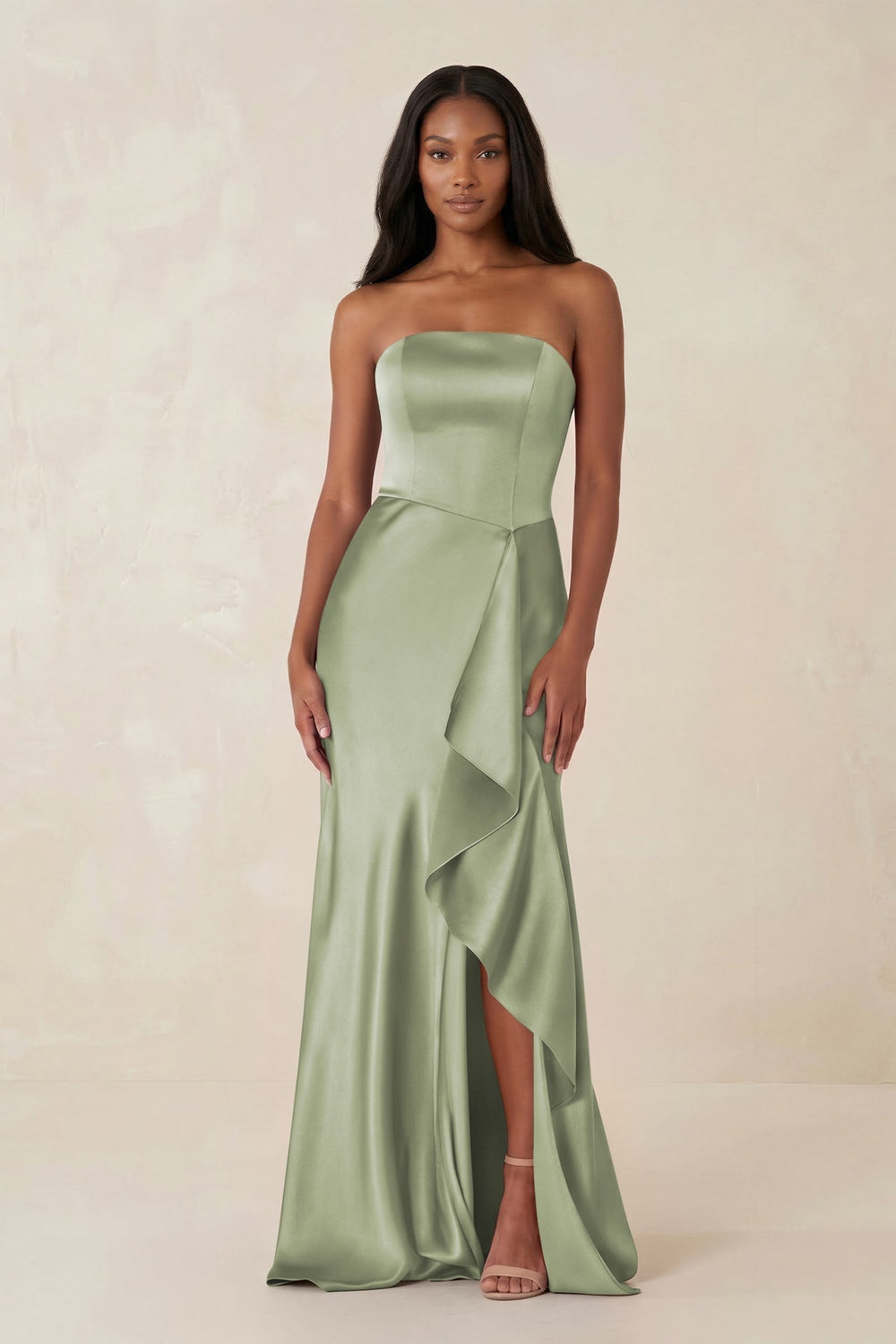 Sheath Strapless Ruffled Satin Bridesmaid Dress in Matcha