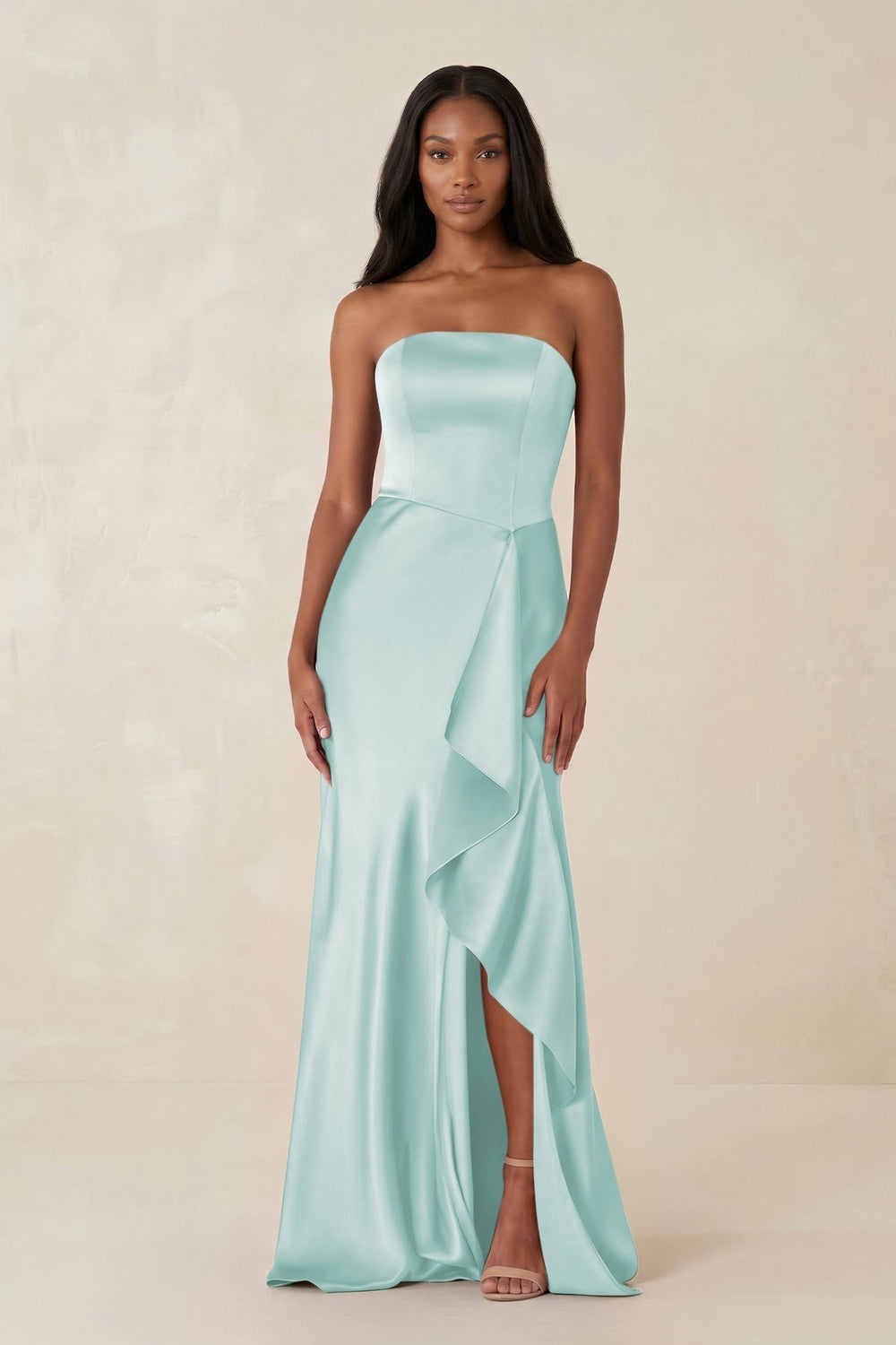 Sheath Strapless Ruffled Satin Bridesmaid Dress in Mist