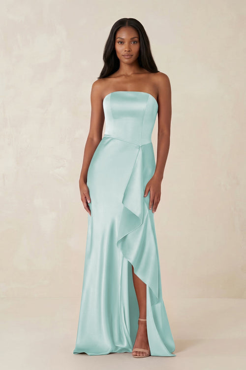 Sheath Strapless Ruffled Satin Bridesmaid Dress in Mist - KISS BRIDAL Bridesmaid Dresses