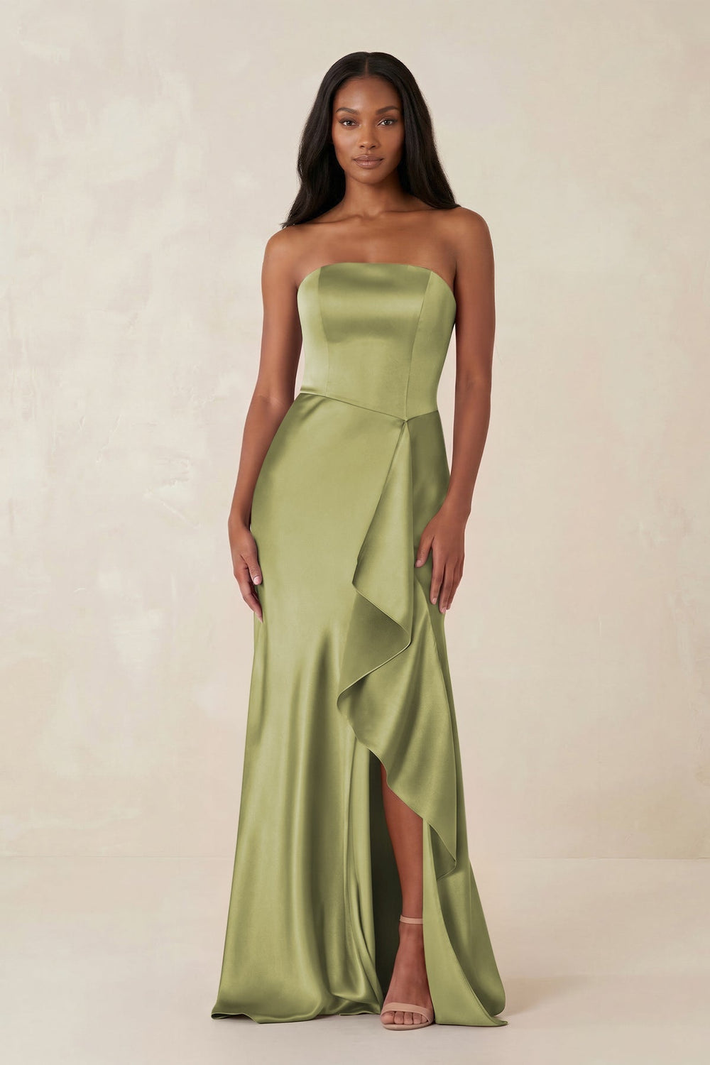 Sheath Strapless Ruffled Satin Bridesmaid Dress in Moss Green
