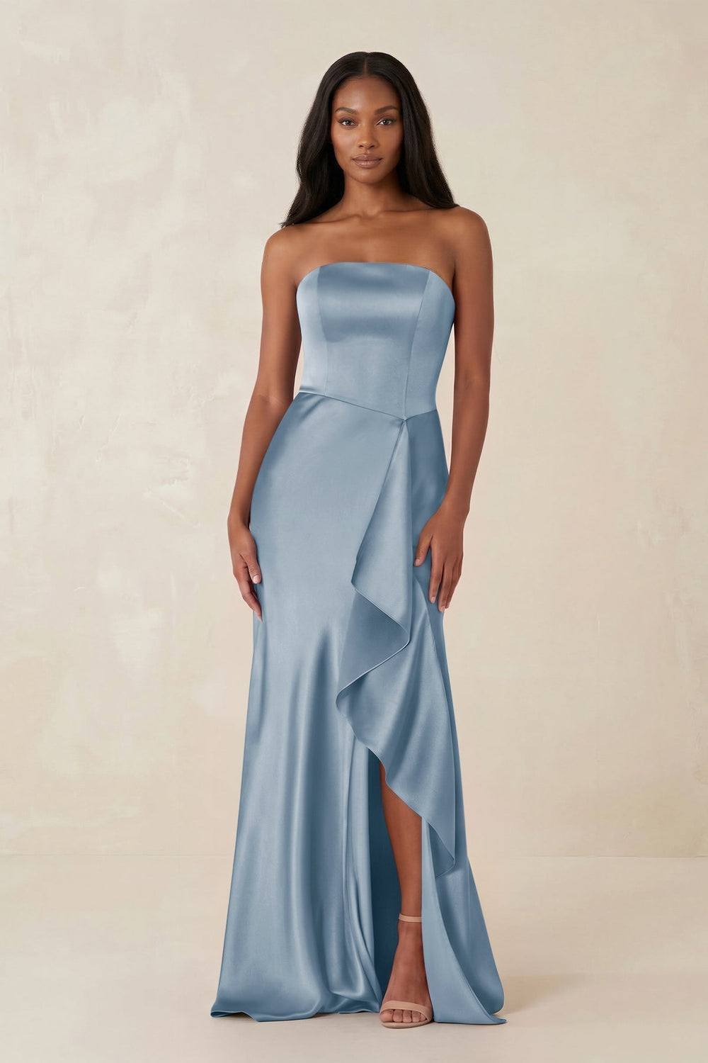 Sheath Strapless Ruffled Satin Bridesmaid Dress in Neptune