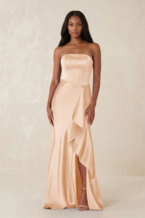 Sheath Strapless Ruffled Satin Bridesmaid Dress in Pale Blush - KISS BRIDAL Bridesmaid Dresses